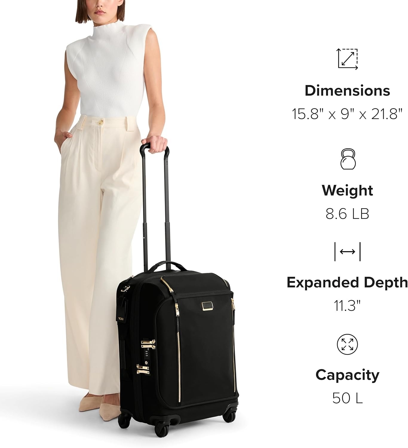image:imageTUMI Voyageur Leger 4 Wheeled Luggage Womens Lightweight and Spacious Sleek Silhouette Durable Premium Suitcase 26quot Short Trip Expandable Packing Case Black with Gunmetal HardwareBLACKGOLD